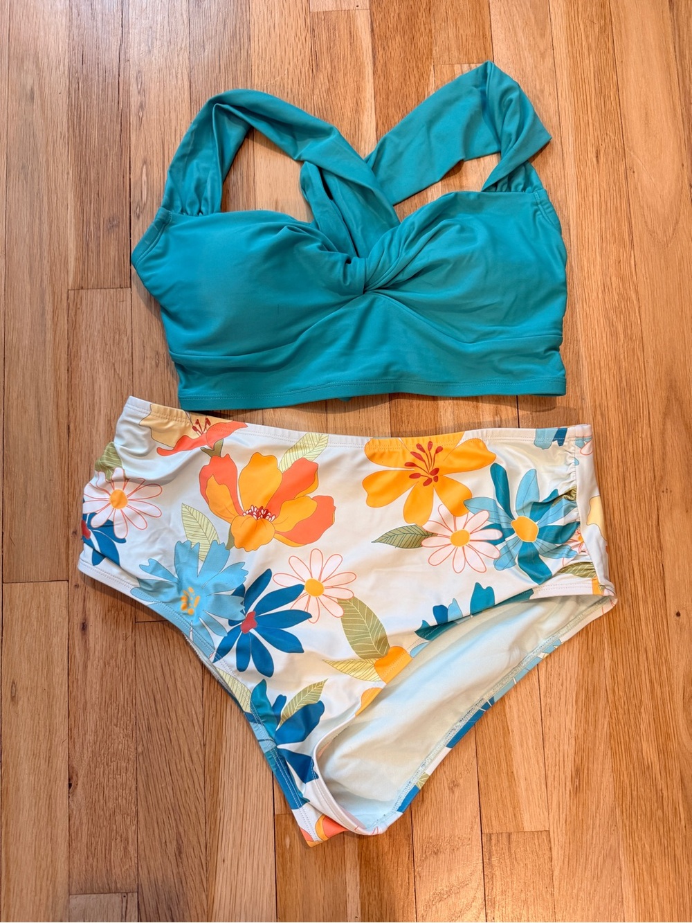Cupshe Teal Twist Bikini Top with Floral High-Waist Bottoms